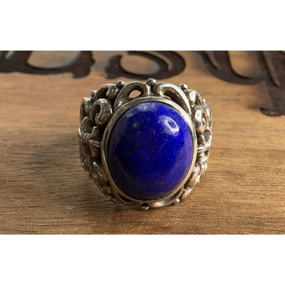 Vintage Lapis Lazuli Sterling Silver Ring Thailand J Filigree Statement Size 7.5 - Picture 5 of 8